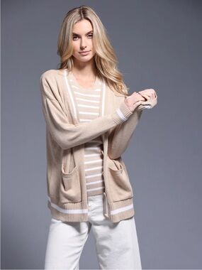 Minnie Rose Oversized Cardi with Tipping in Brown Sugar/White